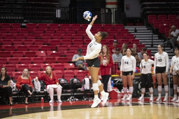 Junior middle blocker Charli Atiemo serves the ball during NIU’s season-opener against the Chicago State University Cougars on Aug. 25 at the NIU Convocation Center. The Huskies are set to play in Victor E. Court for the first time this season Friday against the Miami University RedHawks. (Courtesy NIU Athletics)