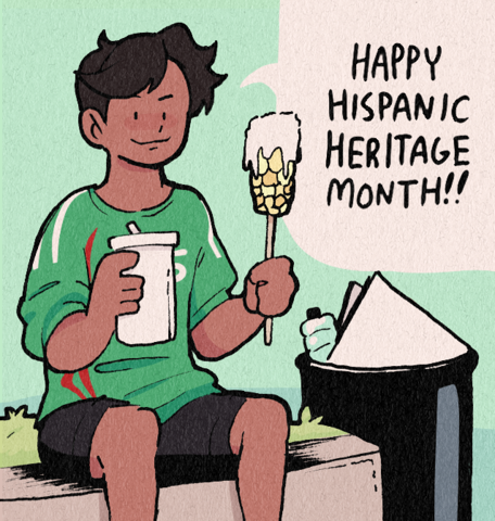 A Latino person sits on a bench, eats elote and enjoys the September air. Celebrating the month might seem dissonant as the world —and position it places the Latino community in with racism, anti-immigration policy and prejudice in general— clashes with the theme of celebration Latinidad.  (Jesus Blanco | Northern Star)