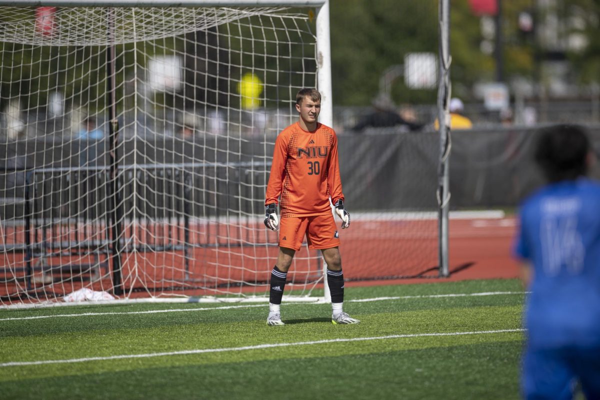Senior goalkeeper Jakub Rojek stands in front of the net during an NIU mens soccer home game. Rojek was named the Missouri Valley Conference Defensive Player of the Week on Tuesday. (Scott Walstrom | NIU Athletics)