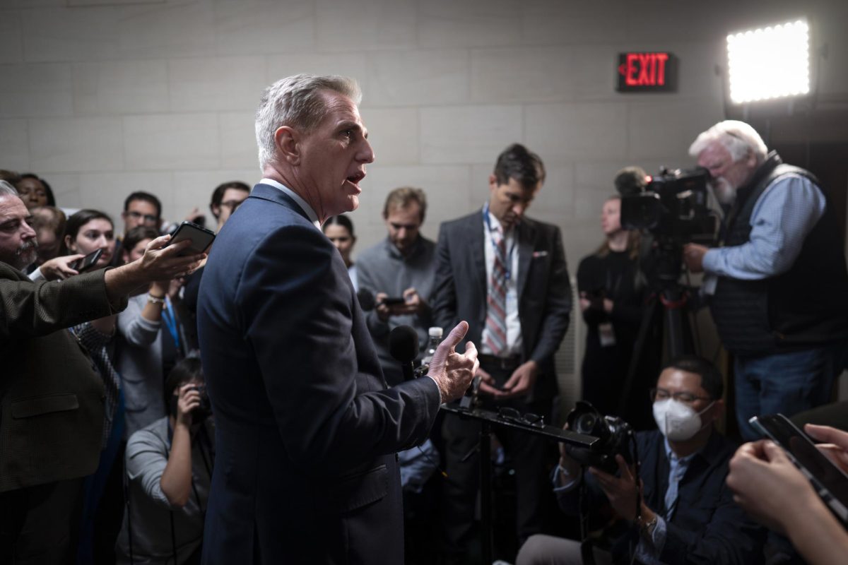 Former House Speaker Kevin McCarthy talks to reporters Tuesday at the Capitol in Washington, D.C. Opinion Columnist Lexi Nebel believes McCarthy should never have been appointed as Speaker of the House. (AP Photo/J. Scott Applewhite)