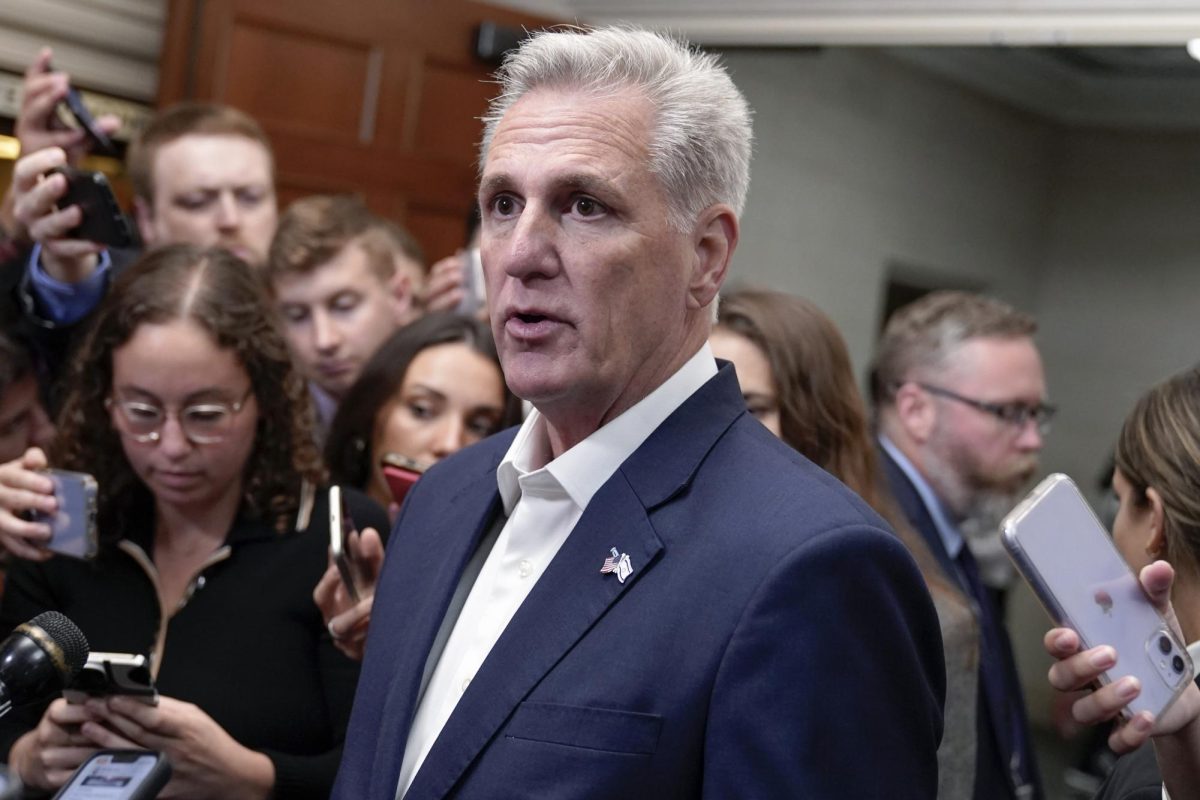 Former Speaker of the House Rep. Kevin McCarthy talks with reporters on Friday at the Capitol in Washington D.C. The reasoning behind the decision to oust McCarthy from Speaker of the House is not one to be celebrated. (AP Photo/Mariam Zuhaib)