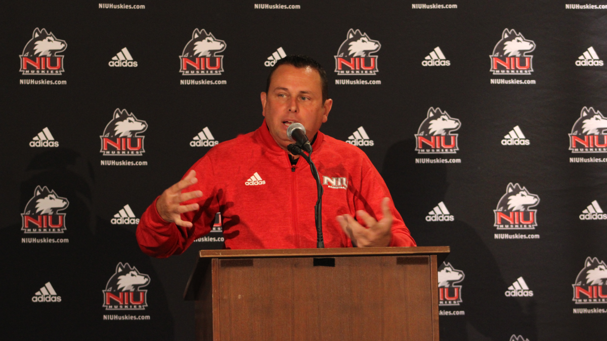 Andy Garcia speaks at Winter Sports Media for NIU Athletics on Tuesday at the Convocation Center. Garcia was announced as longtime NIU football radio broadcaster Bill Bakers successor as the main play-by-play commentator for NIU football and mens basketball. (Courtesy NIU Athletics)