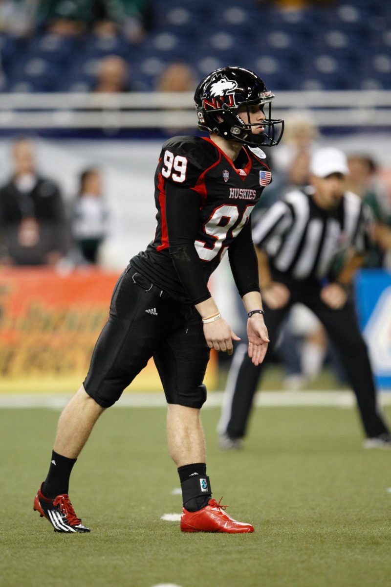 Former NIU football kicker Mathew Sims gets ready for a last-second field goal attempt against the Ohio University Bobcats on Dec. 2, 2011. Sims, NIUs all-time leader in extra-point attempts and makes, died in a car crash on Friday. (Courtesy of NIU Athletics)