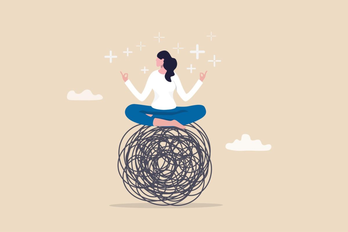 A+cartoon+of+a+woman+meditating+on+a+ball+of+stress.+Mindfulness+and+You+engages+students+to+practice+mindfulness+by+focusing+their+senses+on+their+current+state.+%28Courtesy+of+Getty+Images%29
