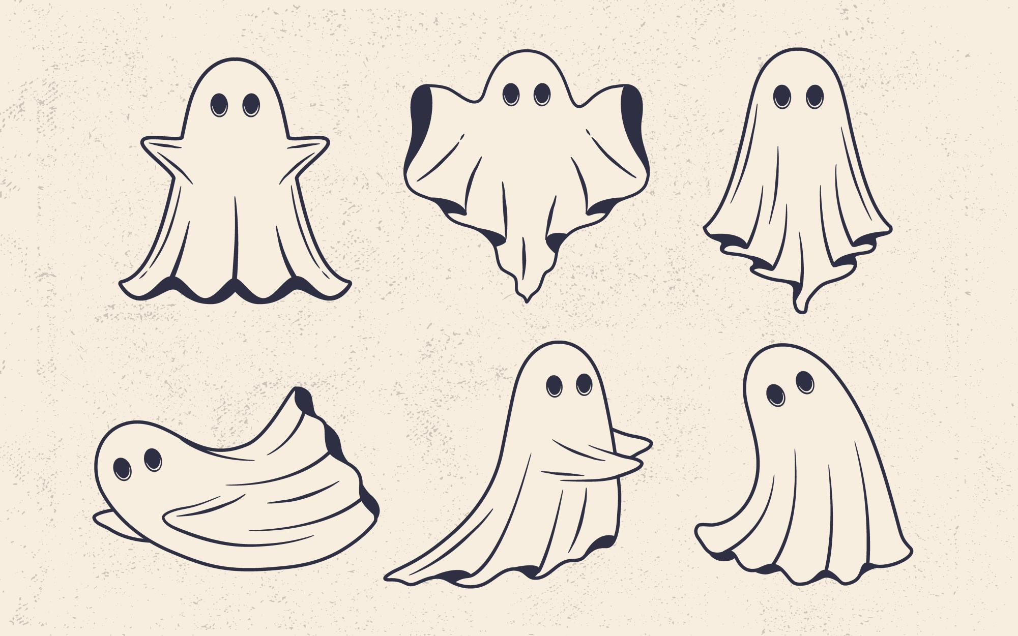 Six ghosts float in front of a white background. Senior Opinion Columnist Emily Beebe and Opinion Columnist Olivia Zapf debate whether ghost are real. (Courtesy of Getty Images)