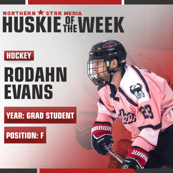 Rodahn Evans 100th career point secured him Huskie of the Week honors. Evans is the first player in NIU Hockey Division I history to record 100 points. (Ria Pathak | Northern Star)