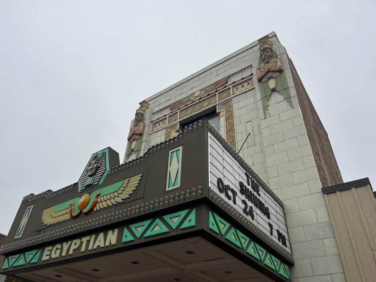 The Egyptian Theatre sits under a cloudy sky. DeKalb county residents share their ghostly stories with the Northern Star. (Michael Mollsen | Northern Star)