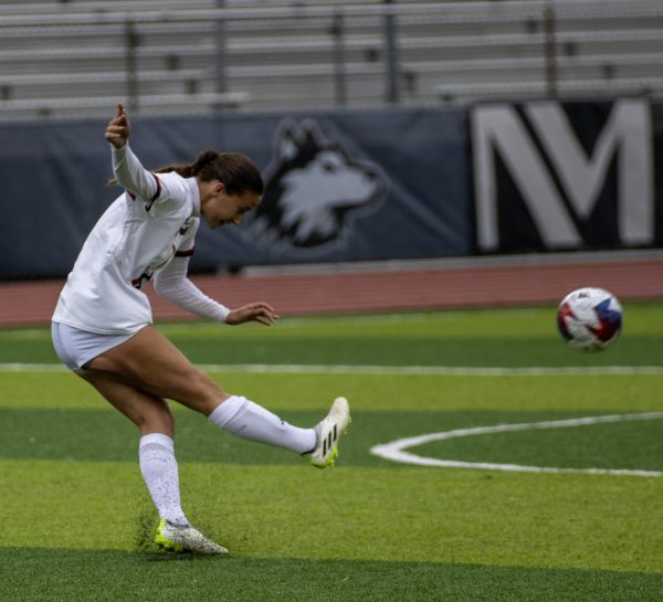 Sophomore midfielder Aubrey Robertson kicks the ball away against the University at Buffalo on Oct. 12. The Huskies fell to Bowling Green State University 1-0 on Thursday. (Tim Dodge | Northern Star)