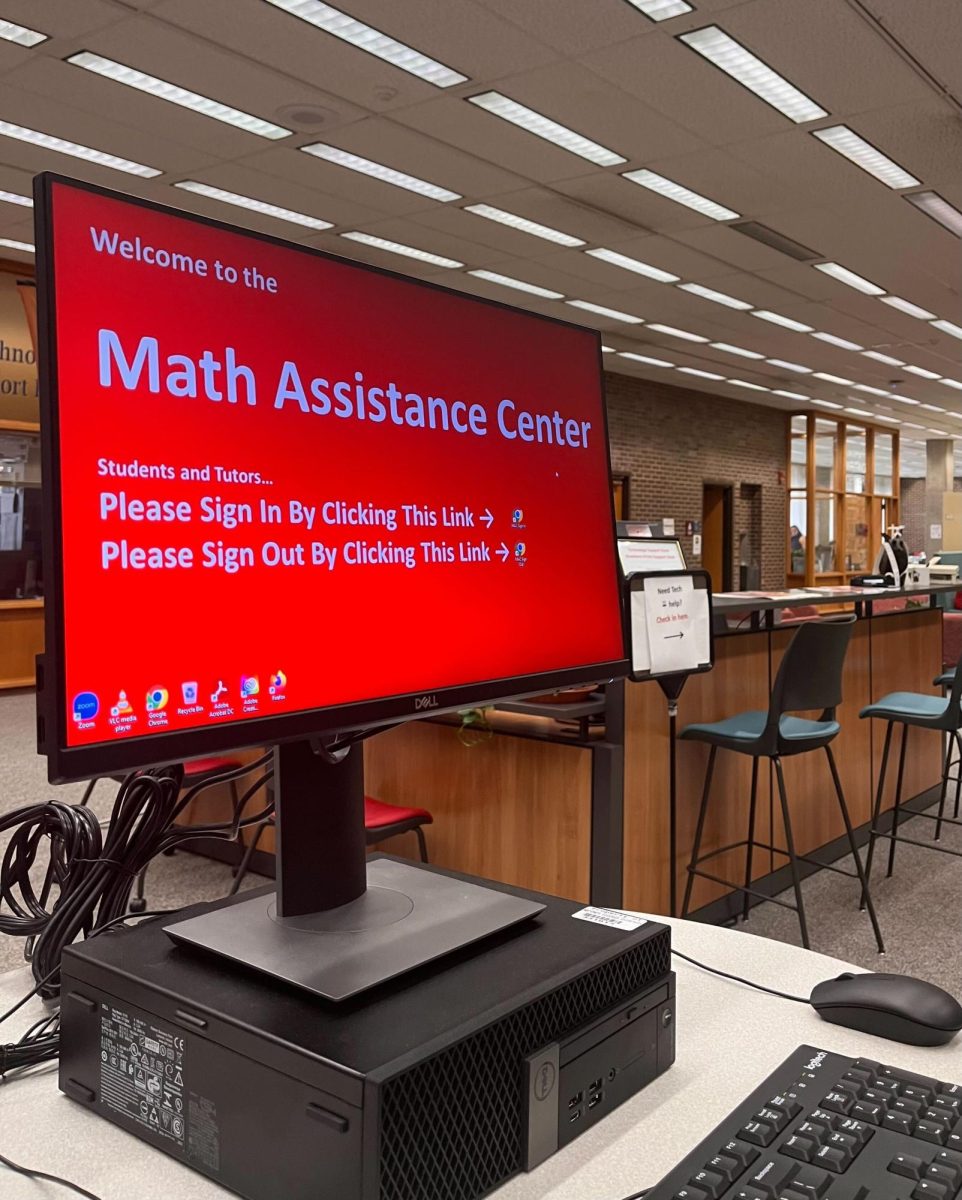 A computer on the first floor of the Founders Memorial Library displays a red sign-in screen for the Math Assistance Center. Students shouldn’t be anxious to receive tutoring. (Lucy Atkinson | Northern Star)