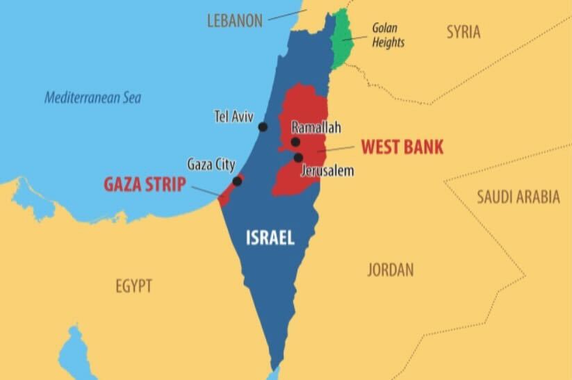 A map of Israel highlights the Gaza Strip and West Bank. The city of Jerusalem resides on land under Israeli control, just outside of the West Bank. (Courtesy of Getty Images)