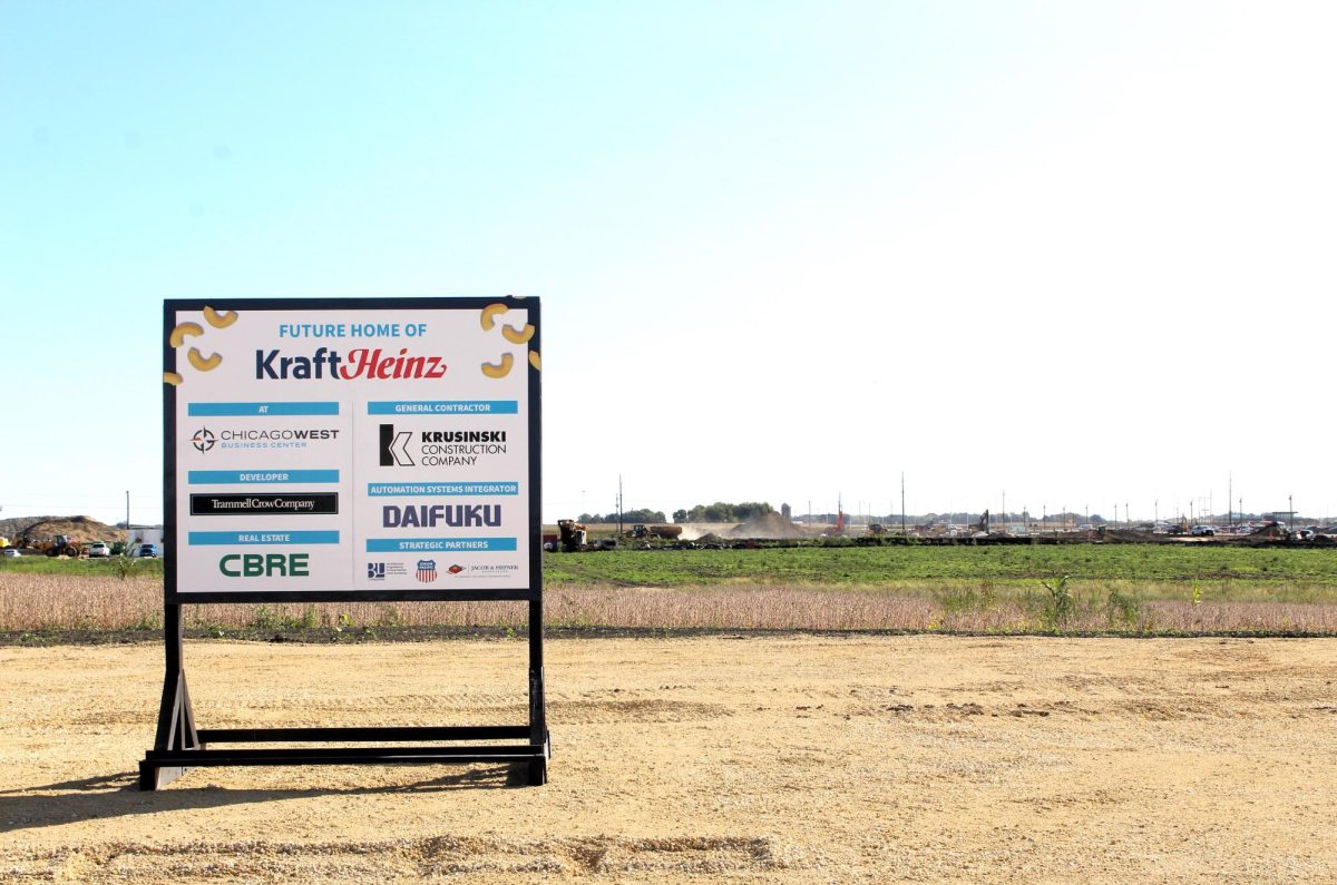 A sign stating Future home of Kraft Heinz sits in an open field. Companies like Meta, Kraft Heinz and Ferrara have begun investing in DeKalb and more big investors may follow. (Courtesy of City of DeKalb)
