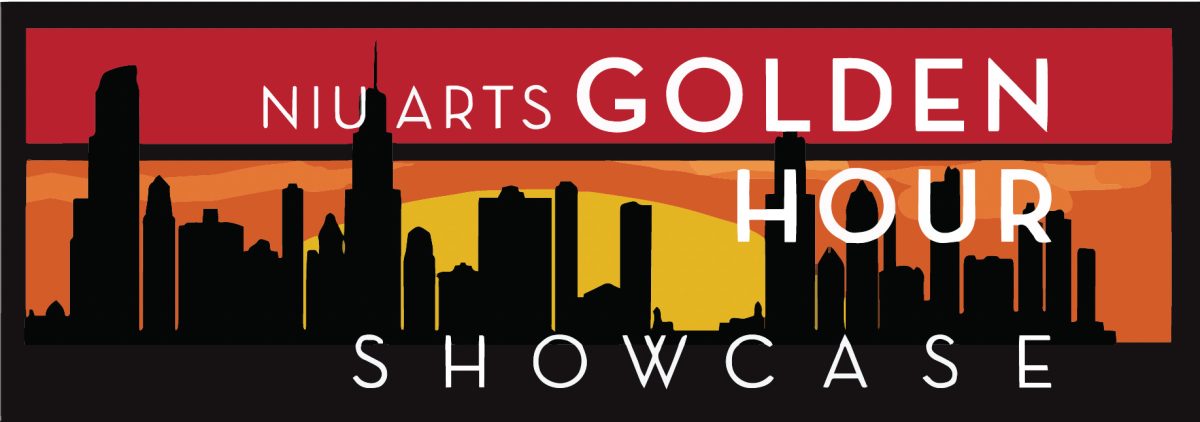 The Chicago Skyline sits behind text that says NIU Arts Golden Hour Showcase. NIU music students will be heading to Chicago as part of the series showcase. (Courtesy of the College of Visual and Performing Arts)