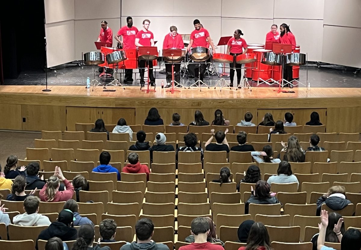 The NIU Steel Band plays for Sycamore High School music students during a workshop funded by the Sycamore Education Foundation to learn about the steelpan and Caribbean music. The Sycamore Education Foundation is one of many recipients of the Farny R. Wurlitzer Foundation grant, which announced its Fall 2023 class of grantees Monday. (Courtesy of the DeKalb County Community Foundation)