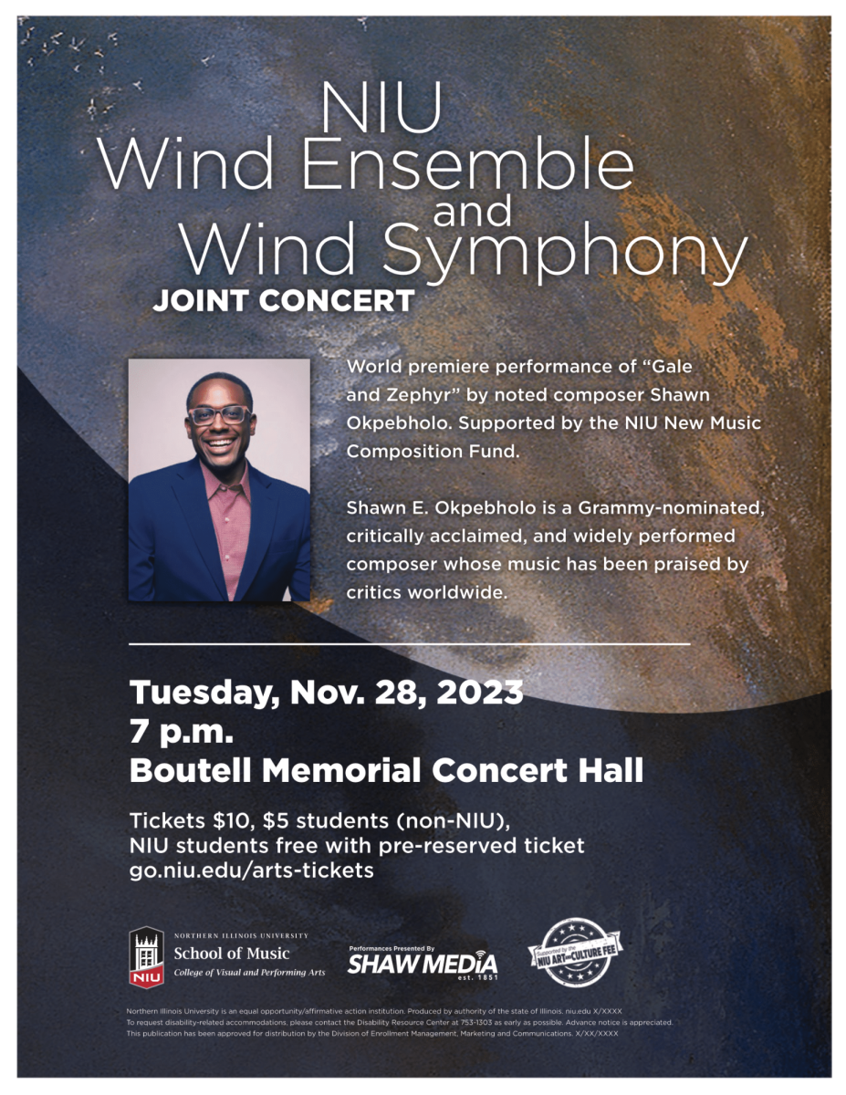 A poster shows information about NIUs Wind Ensemble and Wind Symphony. The concert will feature new music by African American composer Shawn E. Okpebholo. (Courtesy of Andy Dolan)