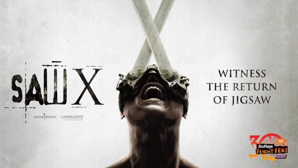 A movie poster for the film Saw X depicts a person screaming while having tubes over their eyes. “Saw X is now out in theaters and continues the franchise with more torture traps and thrilling plot-twists. (Photo: Business Wire)