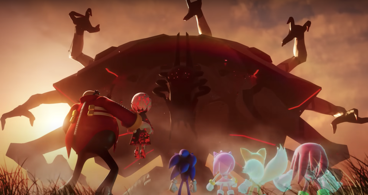 A screenshot from Sonic Frontiers: The Final Horizon, which depicts Sonic and friends facing an enemy. The new storyline contains new characters and has improved the storys boss fights. (Courtesy of YouTube)