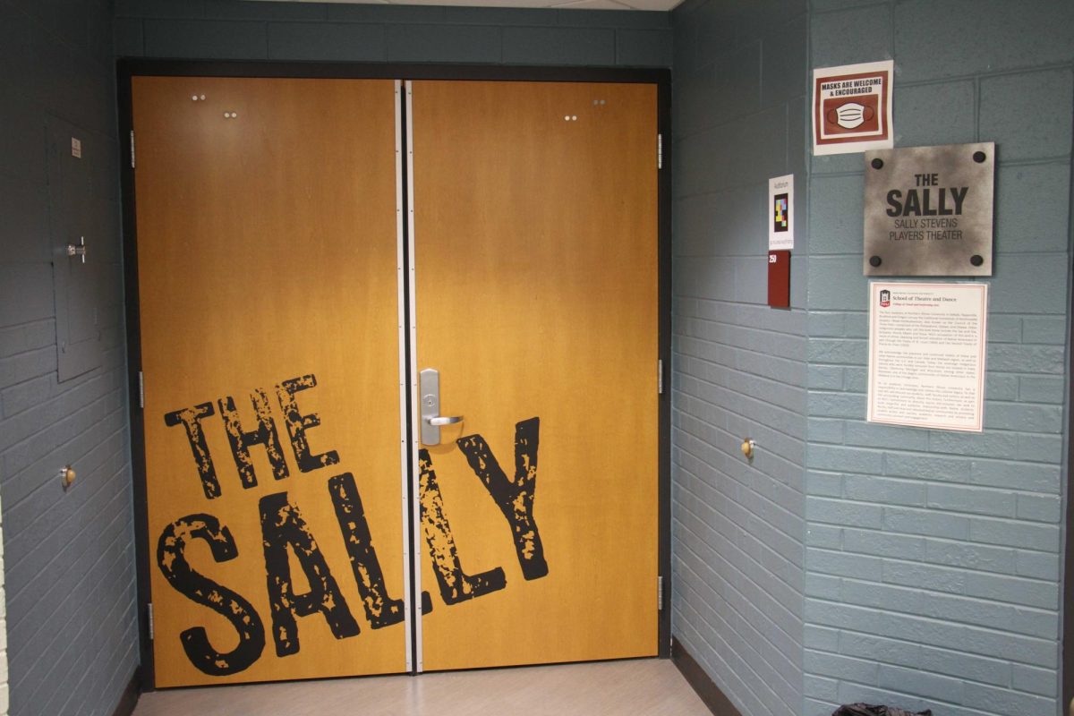 The double door entrance to the Sally Stevens Players Theatre. Next to the door is the metal plaque that reads “The Sally, Sally Stevens Players Theatre” located in the Stevens Buildings.
(Ariyonna McGahee | Northern Star)