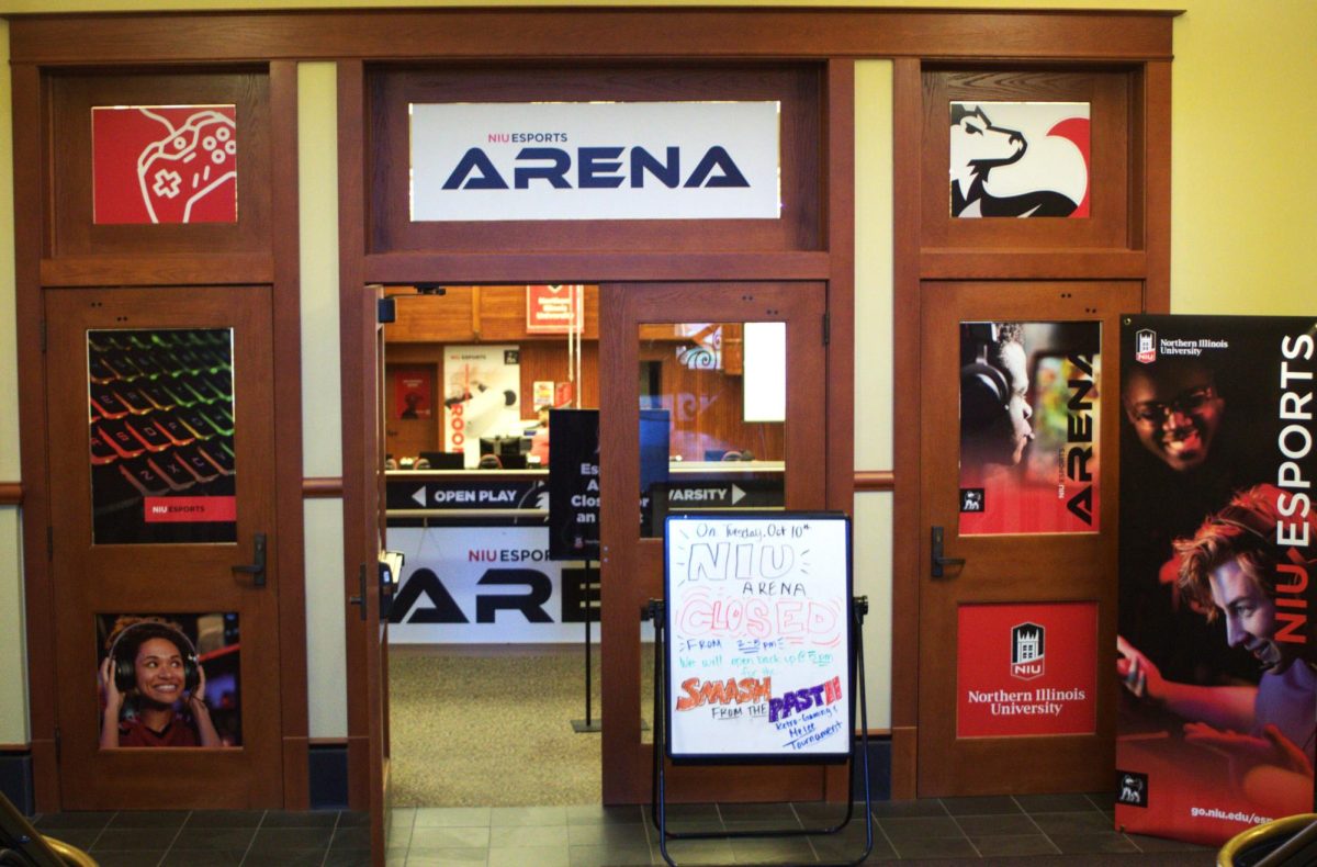 The entrance for NIU’s Esports gaming arena that held the recent Retro Smash Bros tournament on Tuesday in Altgeld Hall, Room 100. Retro Smash Bros night was hosted as a part of the 116th Homecoming week. (Ariyonna McGahee | Northern Star)