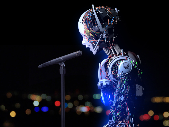A robot composed of brightly colored wiring sings into a microphone. Opinion Columnist Kahlil Kambui believes AI generated music is unethical and shouldn’t be considered for Grammys. (Courtesy of Getty Images)