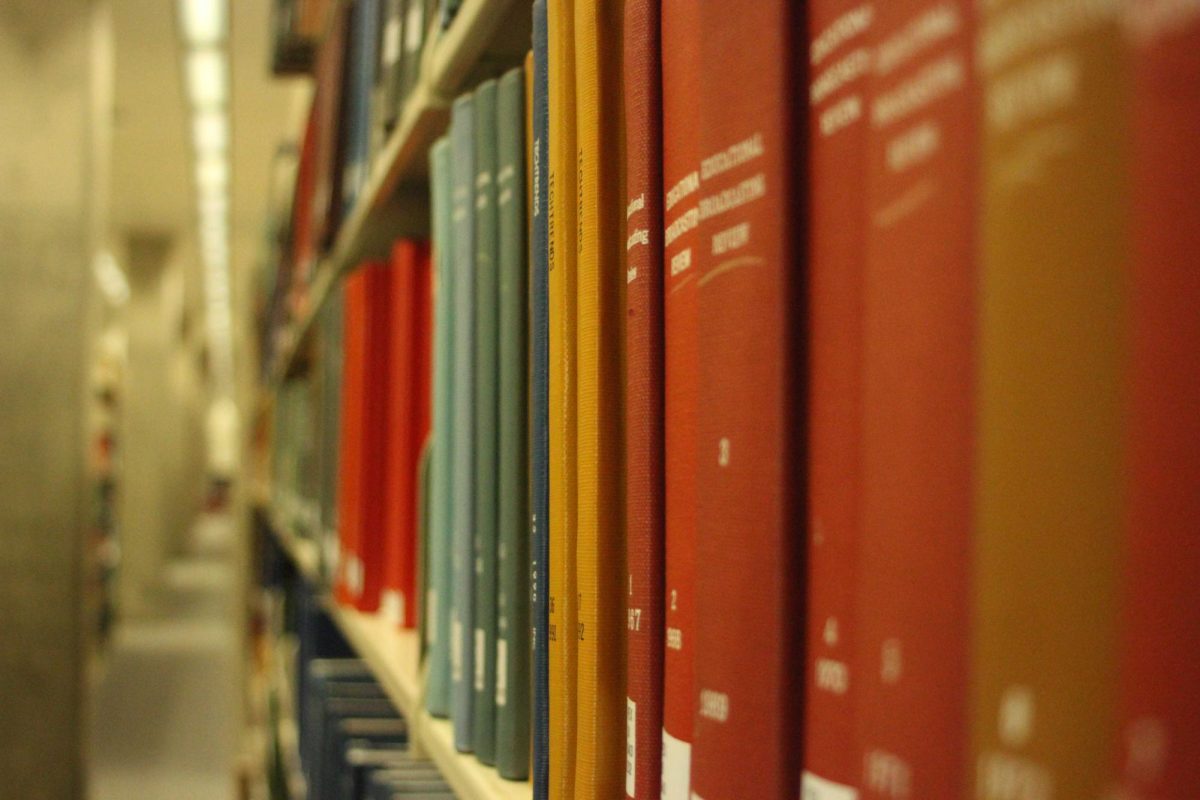 Books sits on the shelf on Friday in the Founders Memorial Library. (Ryanne Sandifer | Northern Star)