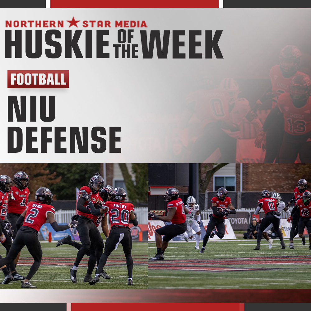 NIU footballs defense shut down Ohio University in the final 30 minutes of Saturdays game. The defenses collective performance earned them Northern Stars first group Huskie of the Week honor. (Ria Pathak | Northern Star)