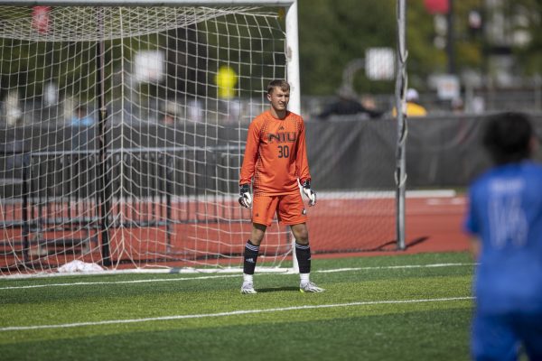Senior goalkeeper Jakub Rojek protects the net during NIUs mens soccers game against Aurora University on Sept. 4. The Huskies will need Rojek to keep up his strong play in order to make the MVP tournament. (Scott Walstrom | NIU Athletics)