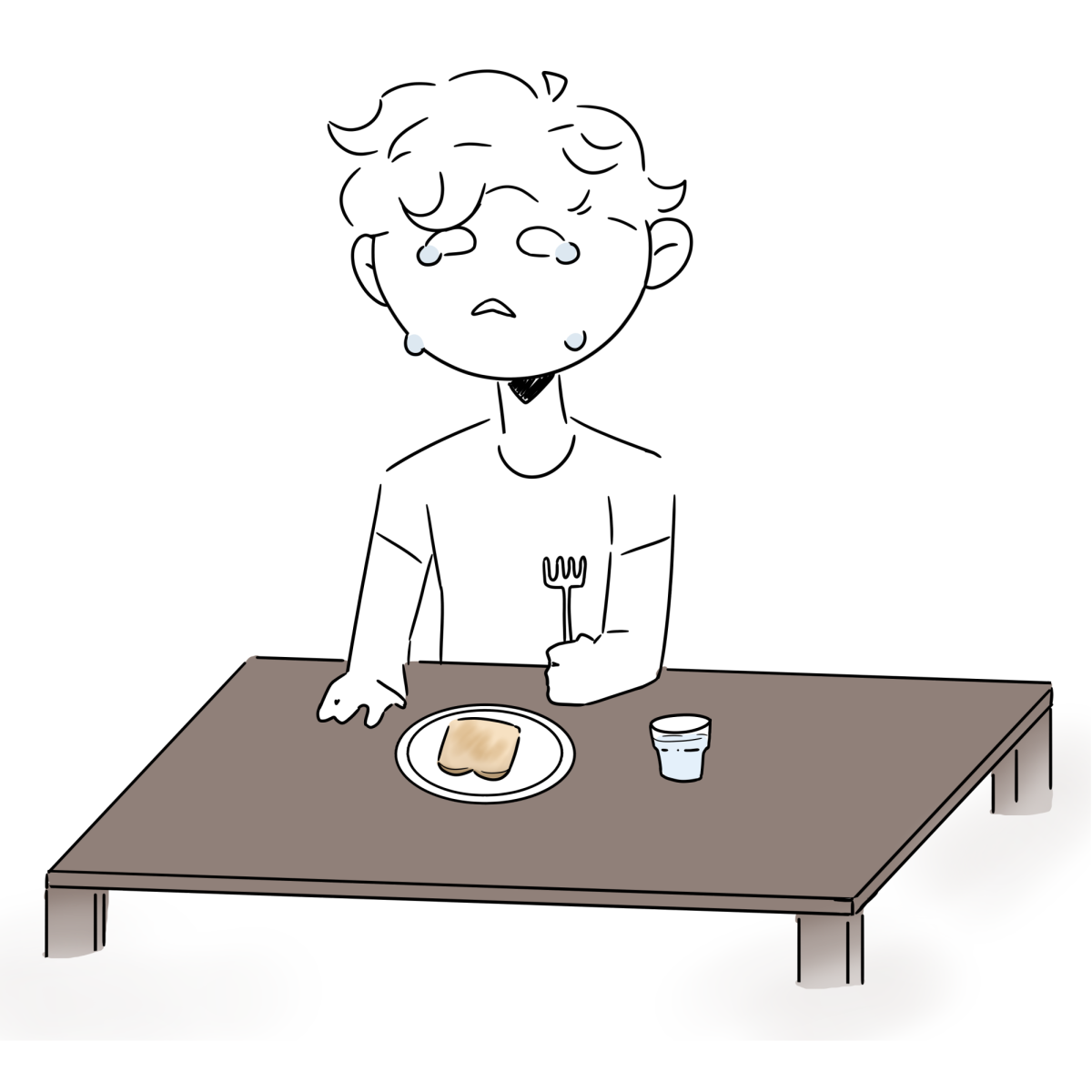 A boy sits at a table and eats a single slice of bread with a tiny glass of water. Impulsive spending is a dangerous habit that can lead to long-term consequences. (Robin Gamboa | Northern Star)