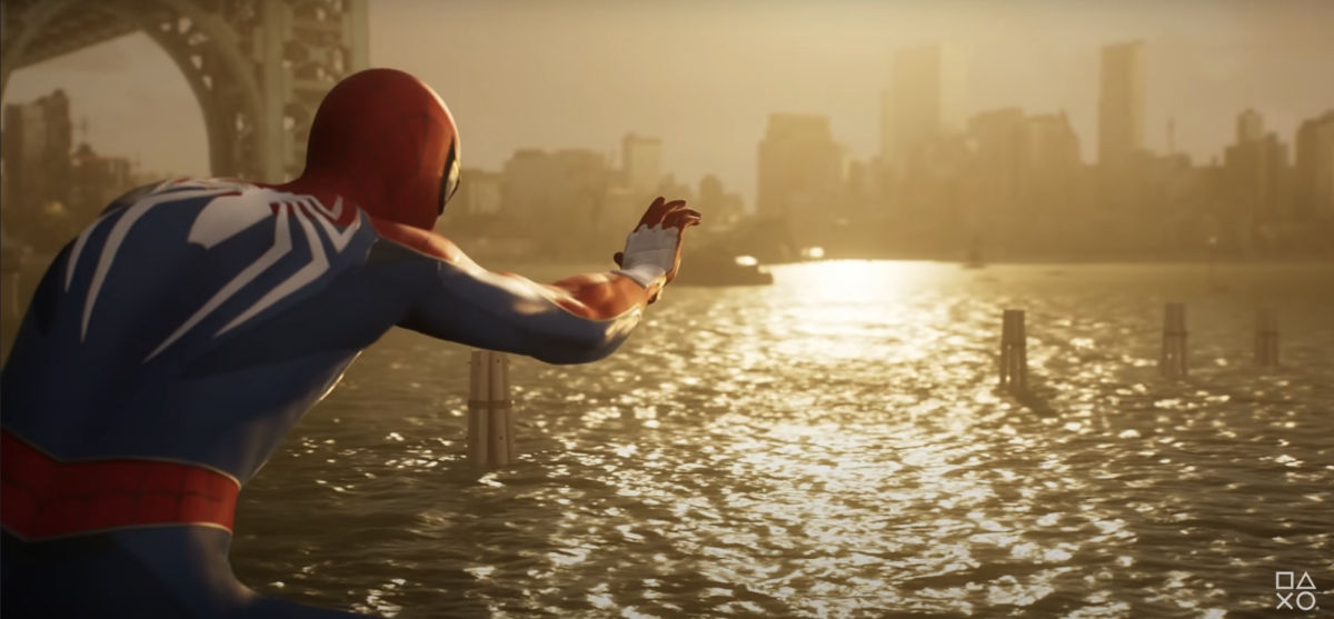 Peter Parkers Spider-Man looks over New York City during sunrise in the game Marvels Spider-Man 2. The PS5 console game features two playable Spider-Mans that contain new abilities. (Courtesy of YouTube)