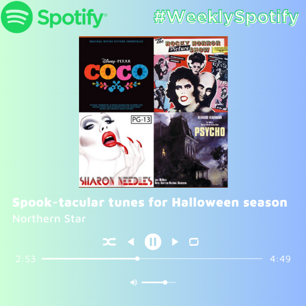 A graphic shows a collage of music albums in front of a blue and green colored background. This weeks Spotify playlist theme is Halloween songs. (Joey Trella | Northern Star)