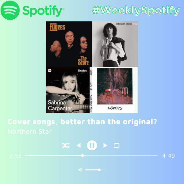 A graphic shows a collage of music albums in front of a blue and green colored background. This weeks Spotify playlist theme is cover songs. (Joey Trella | Northern Star)