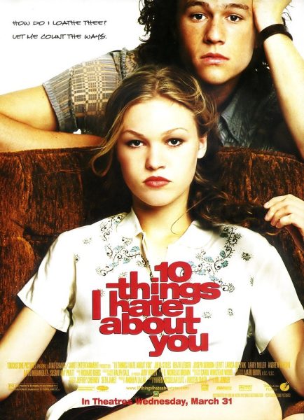 Julia Stiles sits in a chair in front of Heath Ledger in the movie poster for 10 Things I Hate About You. Stiles and Ledgers characters are one of several swoon-worthy on-screen couples. (Courtesy of Flickr)