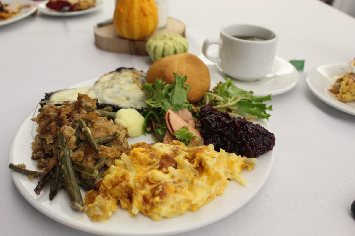 Homemade apple and walnut salad, stuffed mushrooms, green bean casserole, corn flake cheese potatoes, fresh cranberry sauce with the side of a dinner roll and mint tea. There are many meals coming up on weekly Ellingtons menu. (Sasha Norman | Northern Star)