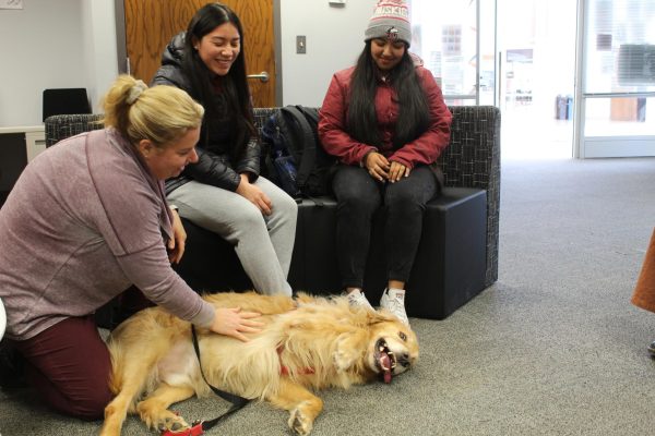 Isabel Tapia, (left) a senior double major in journalism and Spanish, and Lidia Marquez, a sophomore business administration major, watch as Chase, a licensed therapy dog, gets his belly rubbed by his owner Angela Kaminski on Wednesday in Counseling and Consultation Services. Chase the therapy dog visits campus twice a month in the Peters Campus Life Building. (Sasha Norman | Northern Star)

