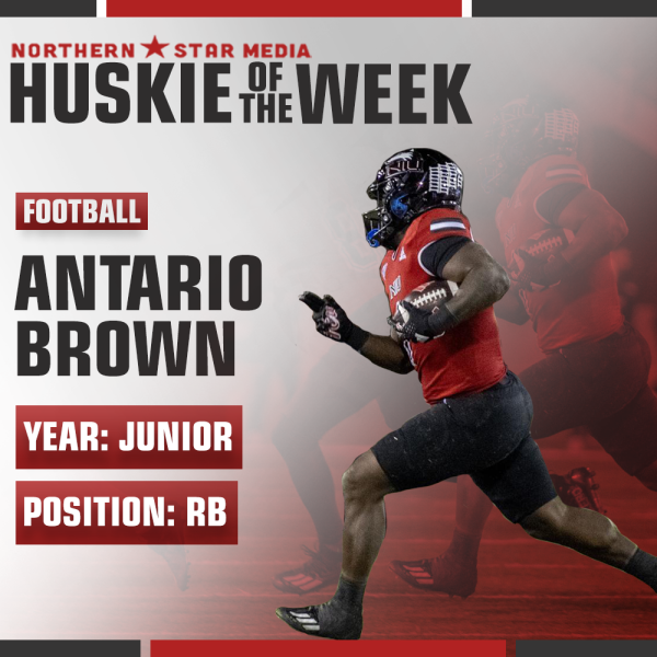 A graphic shows junior running back Antario Brown as the Northern Star Sports Staffs Huskie of the Week. Brown recorded 159 rushing yards and 2 touchdowns in a 24-0 win over Western Michigan University on Tuesday. (Ria Pathak | Northern Star)