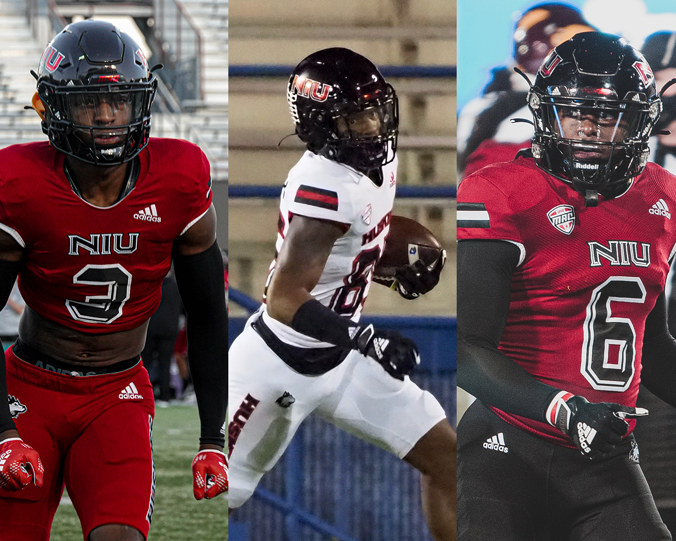 A graphic shows NIU footballs junior Huskie Devin Lafayette (3), redshirt junior wide receiver Trayvon Rudolph (85) and senior safety C.J. Brown (6). The mentioned Huskies have all announced their intentions to transfer following the 2023 season. (Eddie Miller | Northern Star)
