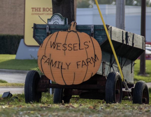 A pumpkin sign of Wessels Family Farm is attached to a wheelbarrow on the front lawn of Wessels Family Farm Market. Starting this week, Wessels Family Farm Market, located at 2023 Sycamore Road, will begin selling Christmas trees. (Tim Dodge | Northern Star)