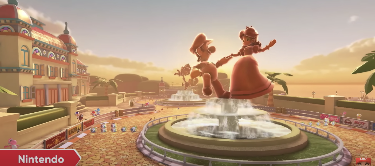 A+statue+of+Luigi+and+Daisy+stand+on+top+a+fountain.+Mario+Kart+8s+new+DLC+recently+got+its+last+update.+%28Courtesy+of+YouTube%29