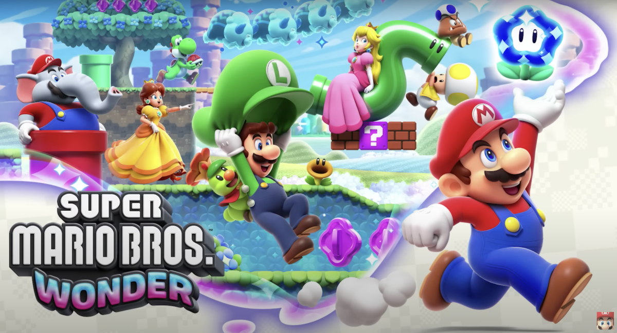 Mario, Luigi and friends playfully pose in the title art for Super Mario Bros. Wonder game. The Nintendo Switch game includes new character powers while maintaining past game elements. (Courtesy of YouTube)