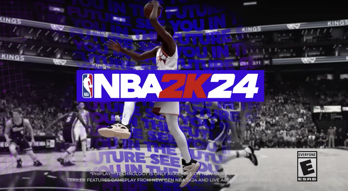 A basketball player jumps to make a shot behind the NBA 2K24 title. NBA 2K is one of many sport-related video games. (Courtesy of YouTube)