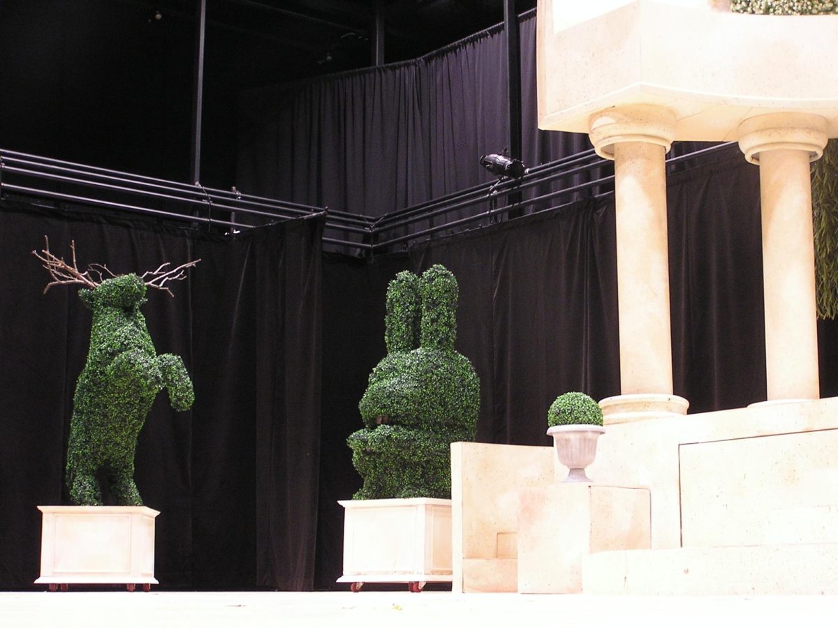 Two animal shaped hedges are placed on stage in front of black stage curtains. NIUs School of Theater and Dance finished its showings of A MidSummer Nights Dream, where over 100 guests attended each sold out show. (Josephine Dunmore | Northern Star)