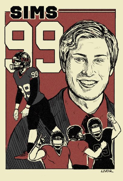 A cartoon illustrates former NIU football kicker Mathew Sims vibrant smile and pre-kick setup. Sims finished as NIUs second all-time leading scorer in school history and was known as a great teammate and friend. (Eleanor Gentry | Northern Star)