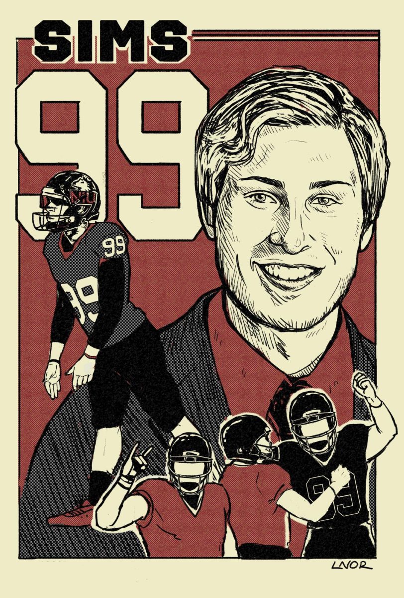 A+cartoon+illustrates+former+NIU+football+kicker+Mathew+Sims+vibrant+smile+and+pre-kick+setup.+Sims+finished+as+NIUs+second+all-time+leading+scorer+in+school+history+and+was+known+as+a+great+teammate+and+friend.+%28Eleanor+Gentry+%7C+Northern+Star%29
