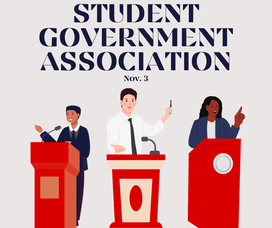 Three+students+stand+at+podiums+while+presenting+and+talking.+The+SGA+tabled+the+decision+to+release+a+statement+on+the+associations+position+on+the+Israel-Hamas+conflict+for+the+next+meeting+on+Nov.+10.+%28Joey+Trella+%7C+Northern+Star%29+