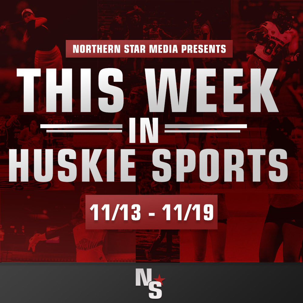 A graphic shows the dates of this week in Huskie sports. NIU Athletics is set to kick off another week events, headlined by NIU football and volleyballs home defense against Western Michigan University. (Ria Pathak | Northern Star)