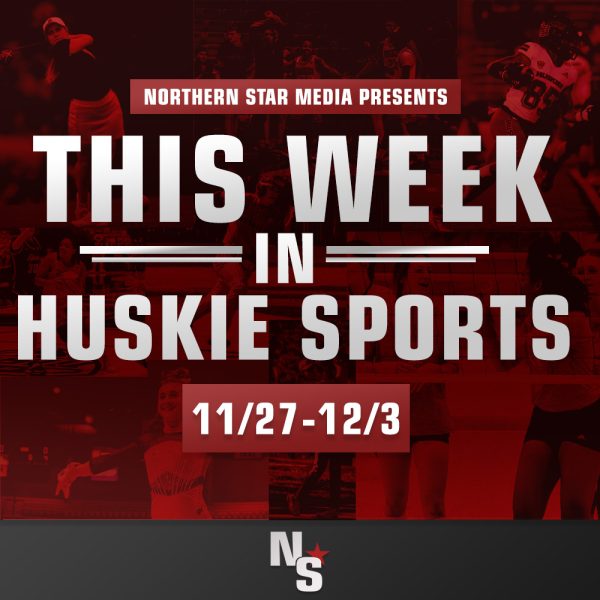 A graphic shows the dates for this week in Huskie sports. NIU mens and womens basketball are set to face Big Ten opponents and extend their respective win streaks. (Ria Pathak | Northern Star)