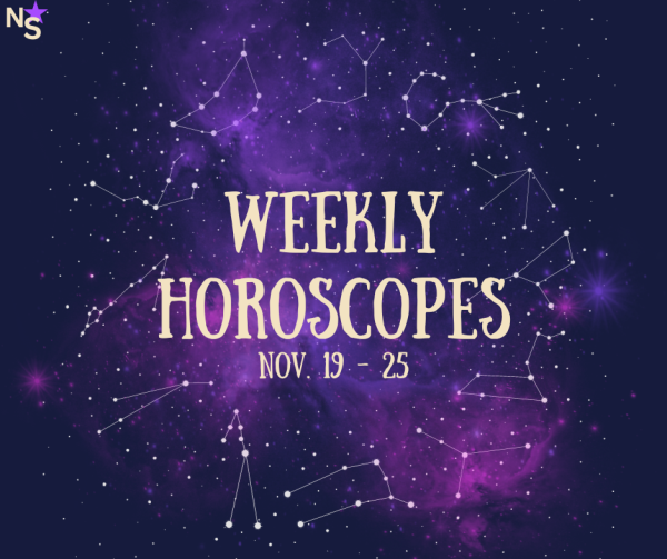 A graphic depicts a blue and purple space background with 12 constellations spread out in a circle. The horoscopes for this week suggest what to expect between the Scorpio to Sagitarrian energy switch. (Joey Trella | Northern Star)