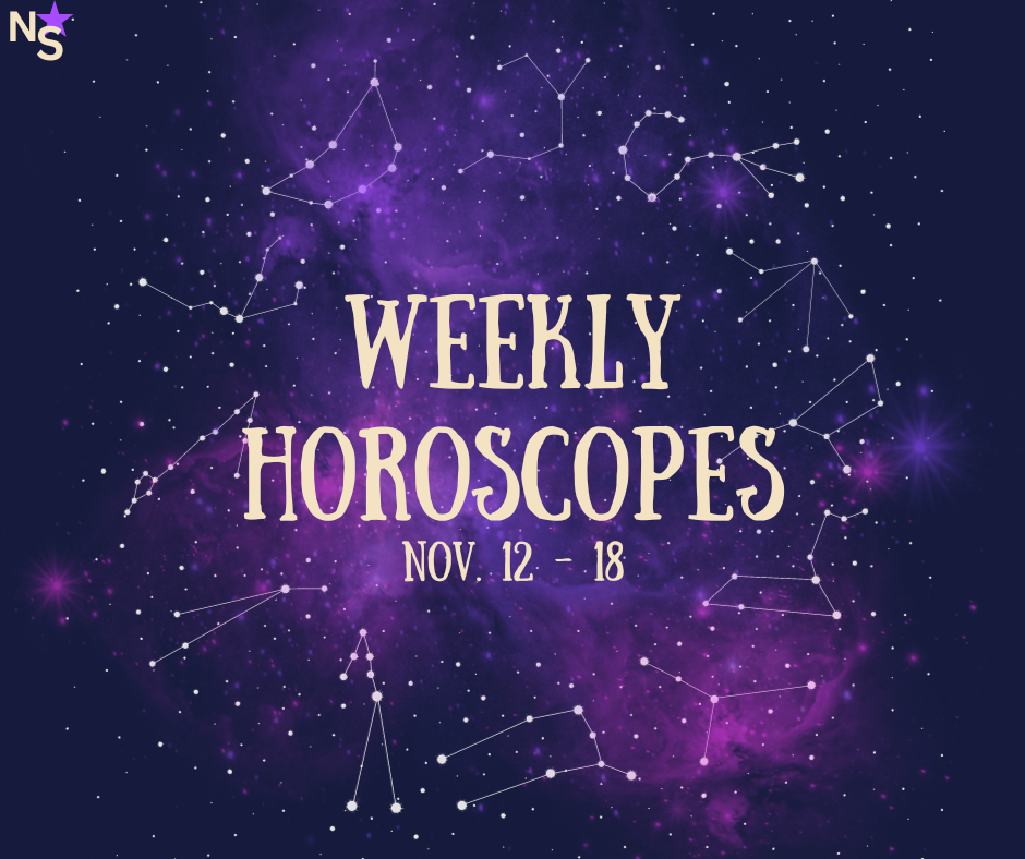 A graphic depicts a blue and purple space background with 12 constellations spread out in a circle. The horoscopes for this week suggest advice for how to navigate unfamiliar feelings and situations. (Joey Trella | Northern Star)