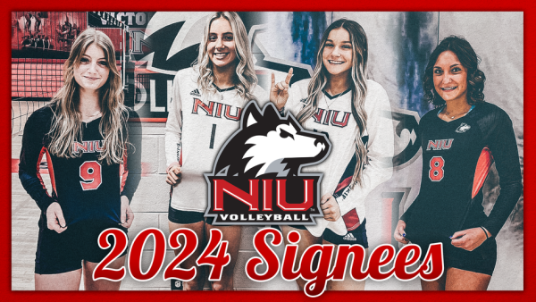 A graphic shows four new signees for NIU volleyball. On Friday, NIU volleyball announced four new additions to the Huskies roster for the 2024 season. (Courtesy of NIU Athletics)