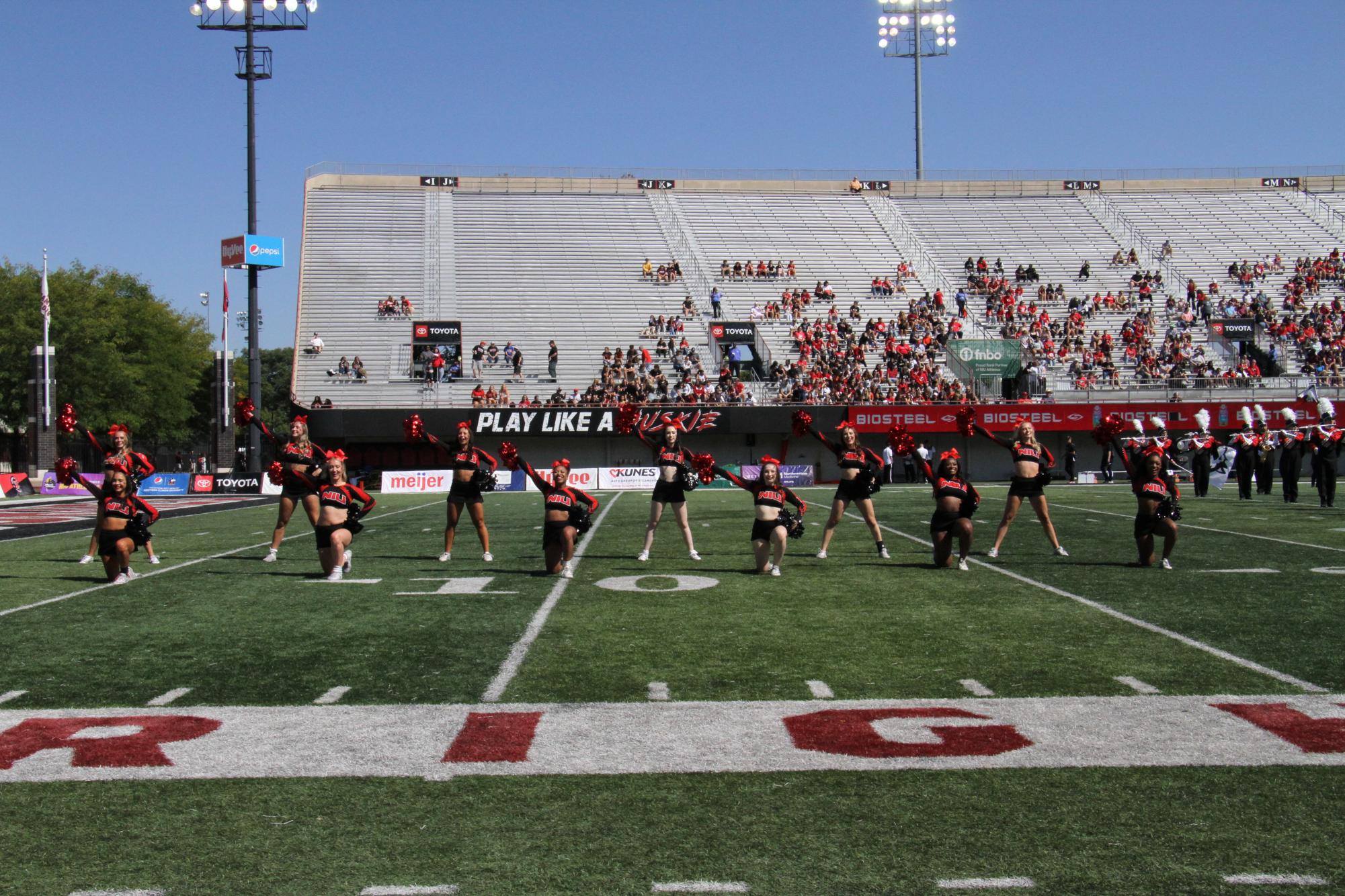 NIU cheerleaders perform their opening routine at a home NIU football game on Sept. 9. NIU football averaged 9,198 fans per game during the 2022 season, good for last out of all FBS schools. (Nyla Owens | Northern Star) 