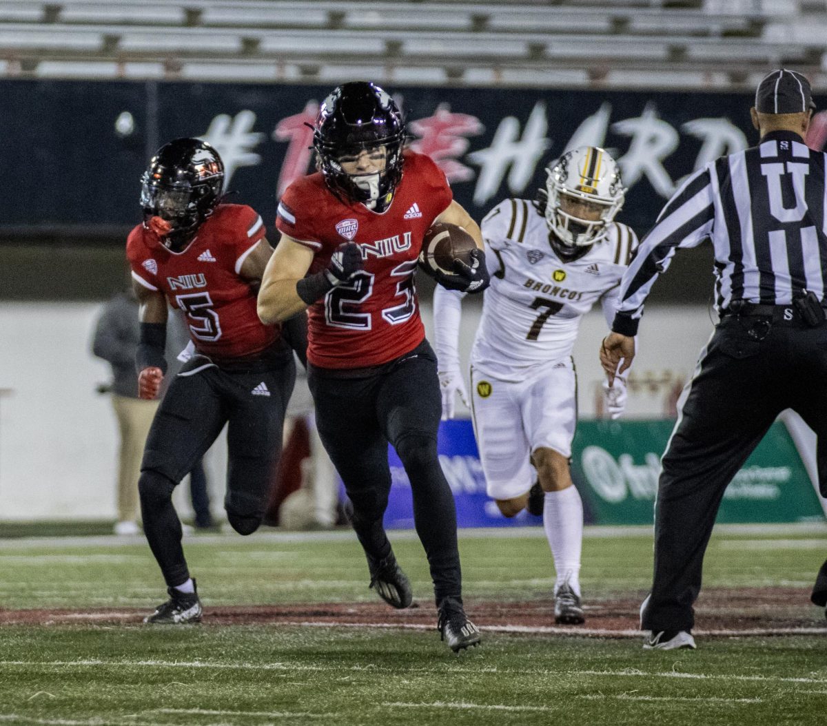 Redshirt freshman wide receiver Dane Pardridge runs up the field during NIU football win over Western Michigan on Nov. 14. The Huskies earned bowl eligibility in Saturdays win over Kent State. (Tim Dodge | Northern Star)